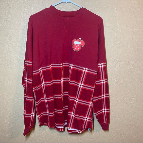 Disney Mickey Mouse Holiday Plaid Spirit Jersey in Red Seasons Greetings L - Picture 2 of 6